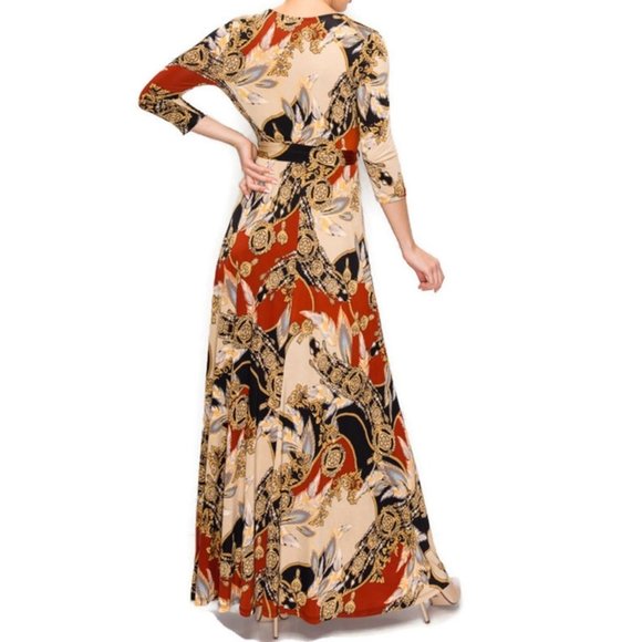 Janette Fashion Dreamcatcher Gold Rust Faux Wrap Maxi Dress - Picture 3 of 3